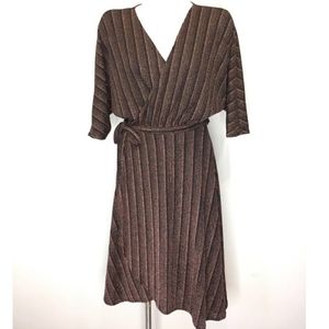 Zara bronze black shimmer striped midi wrap dress metallic sparkle women's M